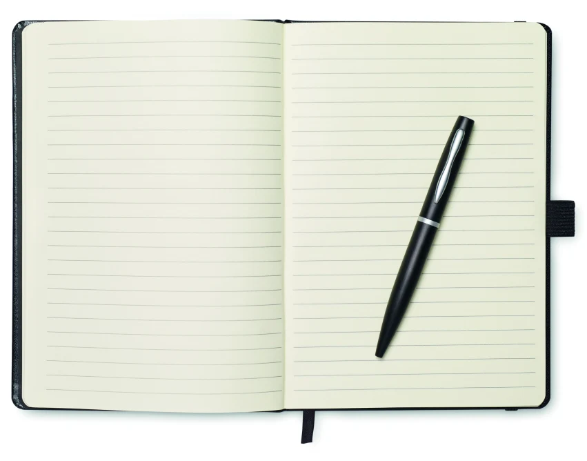 Czarny notes A5 z twardą okładką PU i metalowym długopisem