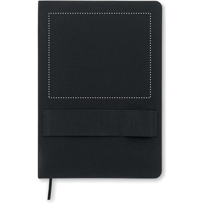 Schemat znakowania dla Transfer sitodruk - T1 na gadżecie: Czarny notes A5 RPET z bambusowym długopisem i logo