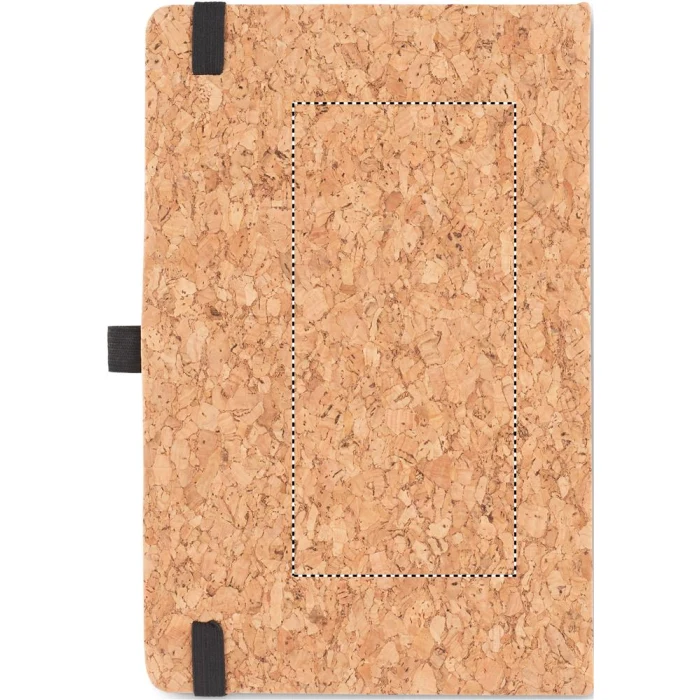 Schemat znakowania dla Transfer sitodruk - T1 na gadżecie: Czarny notes korkowy A5 z długopisem Suber Set z logo