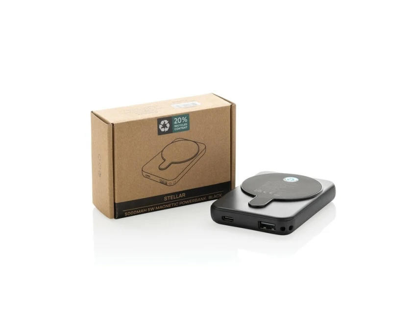 Czarny magnetyczny powerbank 5000mAh Stellar z logo firmy