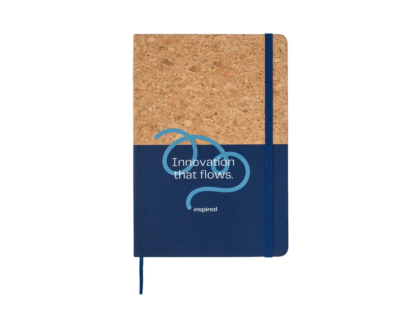 Granatowy notes Girona z korka i PU z logo firmowym
