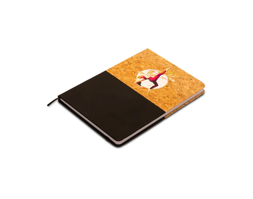 Czarny notes korkowy Girona z logo, 80 kartek, elastyczna taśma