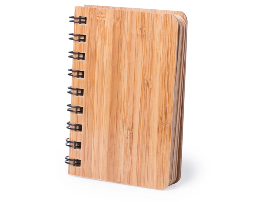 Bambusowy notatnik A6 brązowy z czarną spiralą i logo