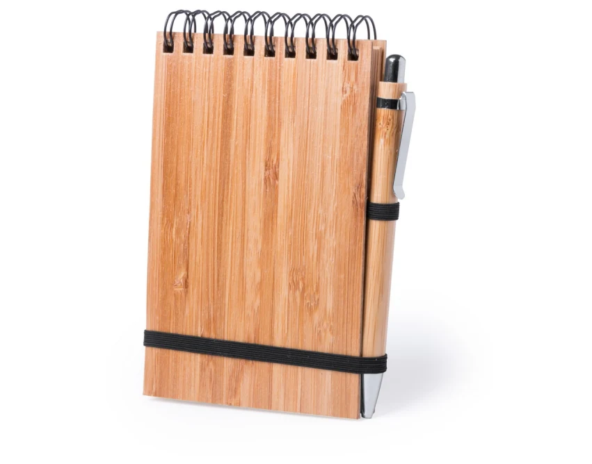 Brązowy notes bambusowy A6 z długopisem i nadrukiem logo