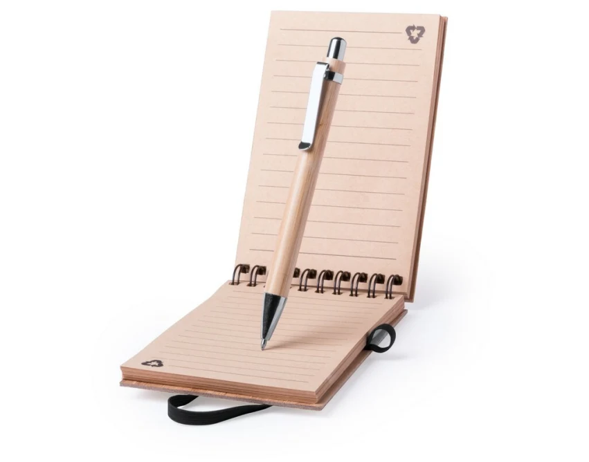 Brązowy notes bambusowy A6 z długopisem i nadrukiem logo