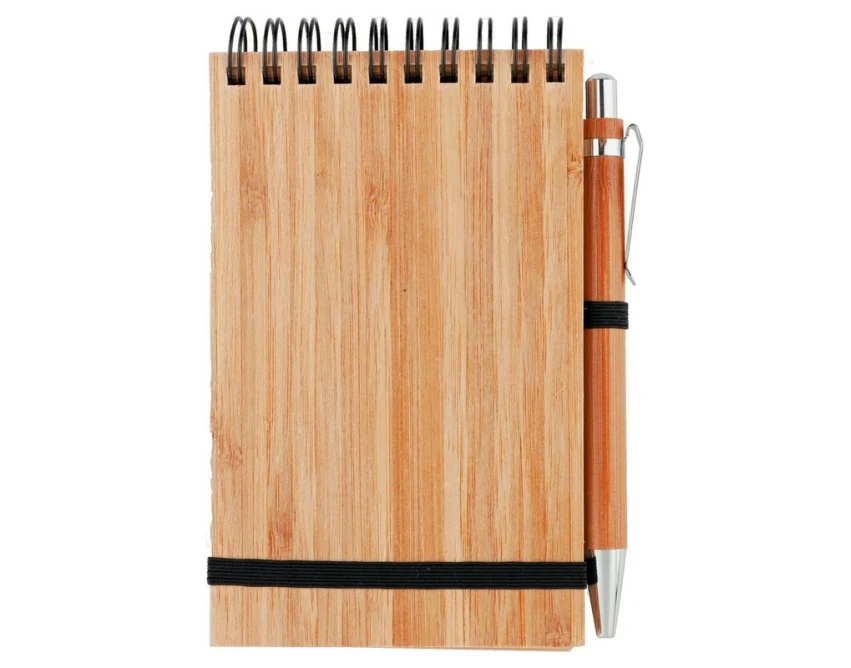Brązowy notes bambusowy A6 z długopisem i nadrukiem logo