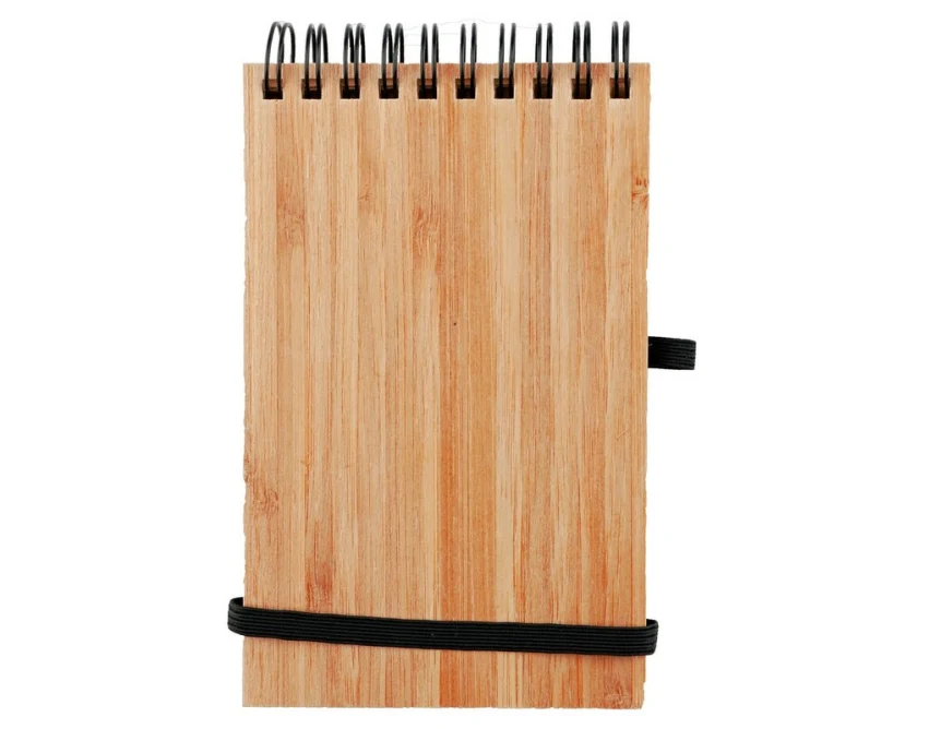 Brązowy notes bambusowy A6 z długopisem i nadrukiem logo