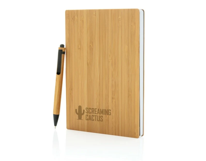 Bambusowy notatnik A5 z długopisem i logo w pudełku kraft