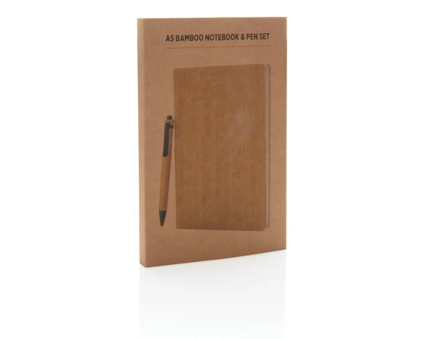 Bambusowy notatnik A5 z długopisem i logo w pudełku kraft