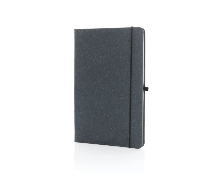 Szary skórzany notatnik A5 z logo i uchwytem na długopis