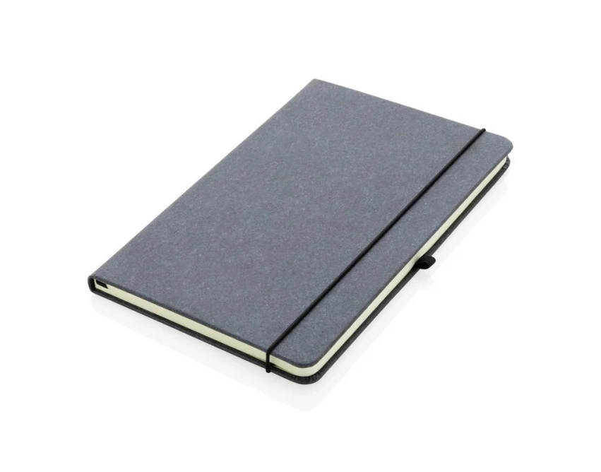 Szary skórzany notatnik A5 z logo i uchwytem na długopis