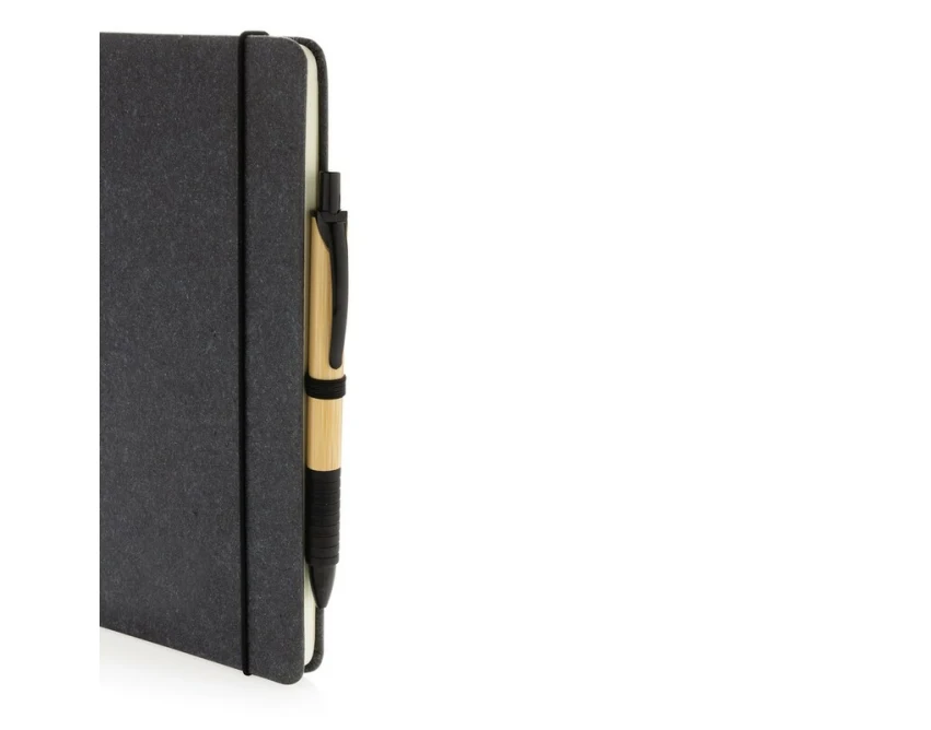Szary skórzany notatnik A5 z logo i uchwytem na długopis