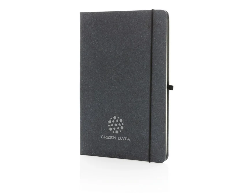 Szary skórzany notatnik A5 z logo i uchwytem na długopis