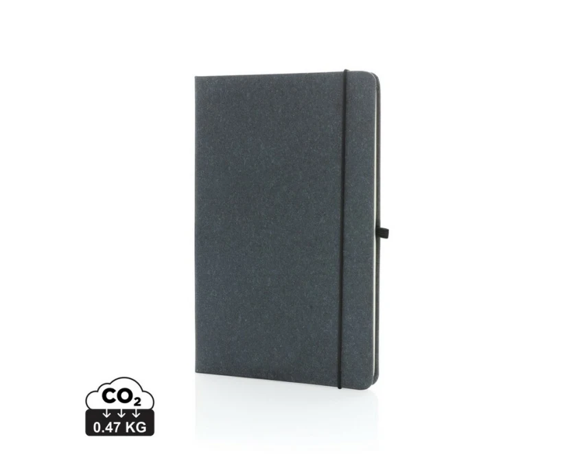 Szary skórzany notatnik A5 z logo i uchwytem na długopis