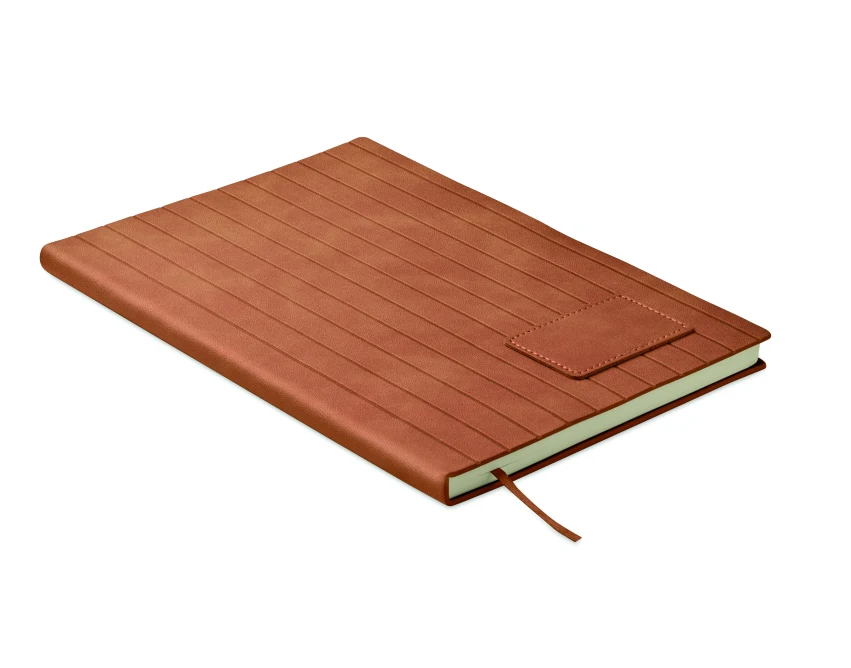 Brązowy notes A5 z logo, prążkowana okładka, 40% recykling