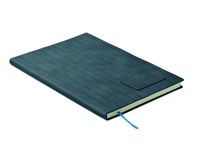 Notatnik A5 niebieski z recyklingu, prążkowana okładka, logo