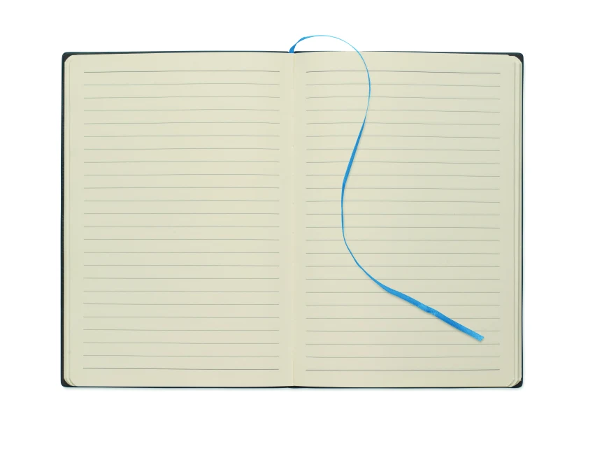 Notatnik A5 niebieski z recyklingu, prążkowana okładka, logo