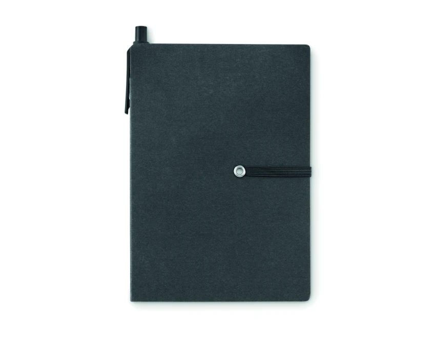 Czarny notes ekologiczny z recyklingu z długopisem i logo