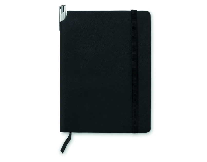 Czarny notes A5 Softnote PU z logo, 160 stron, elastyczny pasek