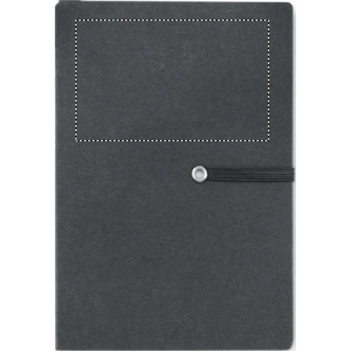 Schemat znakowania dla Tampondruk - P3 na gadżecie: Czarny notes ekologiczny z recyklingu z długopisem i logo