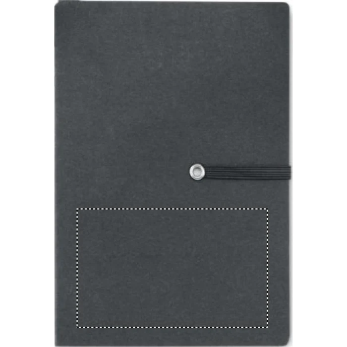 Schemat znakowania dla Tampondruk - P3 na gadżecie: Czarny notes ekologiczny z recyklingu z długopisem i logo