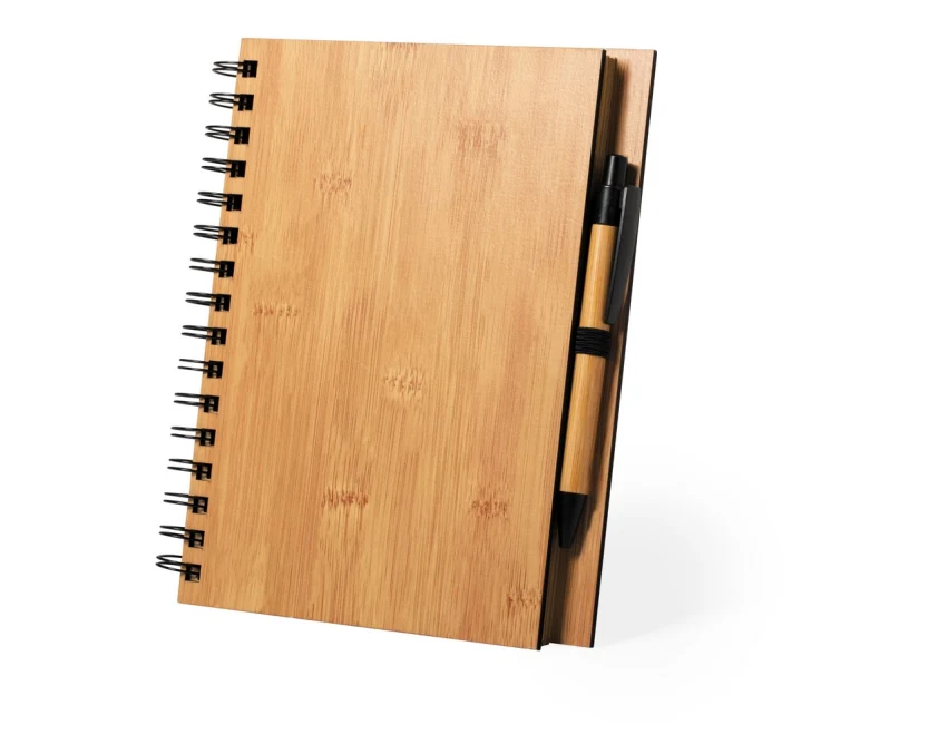 Bambusowy notatnik A5 z długopisem, brązowy, z logo