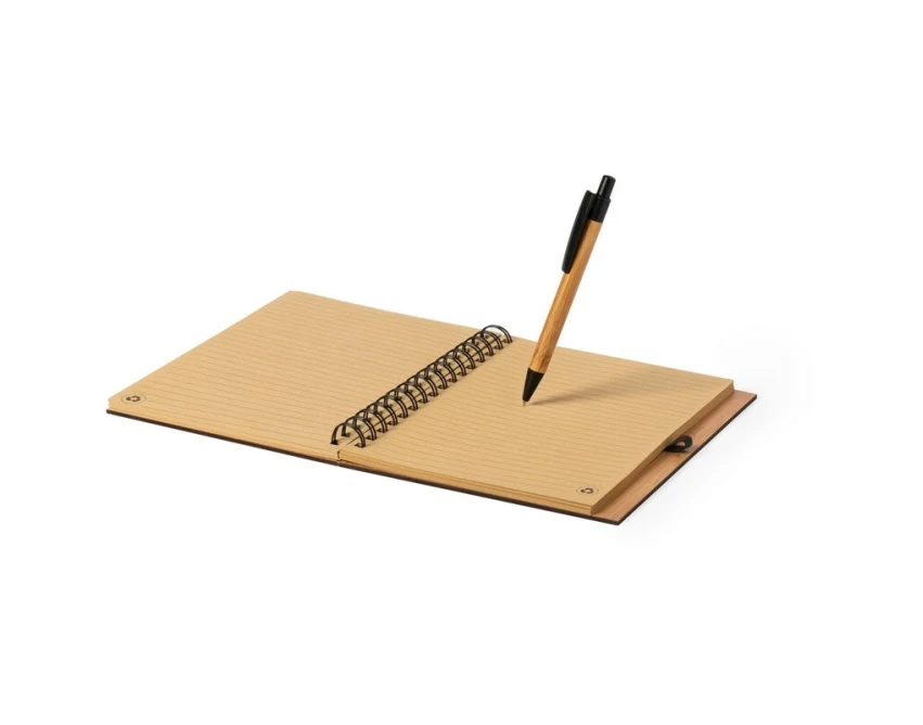 Bambusowy notatnik A5 z długopisem, brązowy, z logo