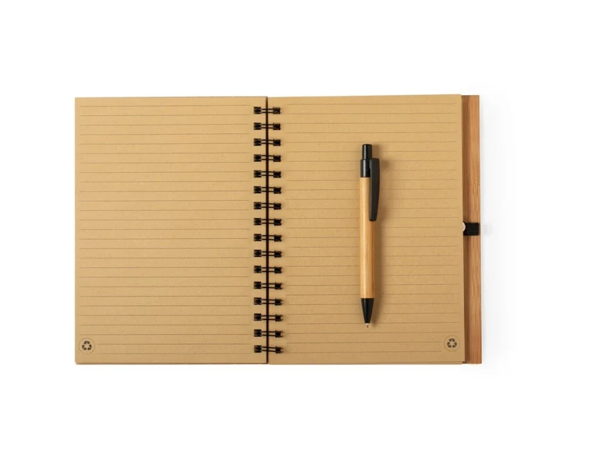 Bambusowy notatnik A5 z długopisem, brązowy, z logo