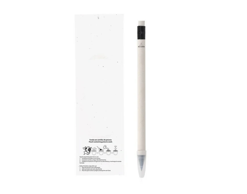 Biały wieczny ołówek z recyklingu kartonu po mleku z logo