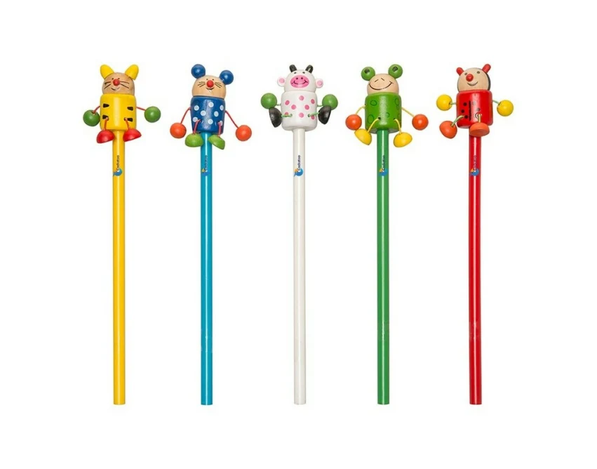 Ołówek z drewnianą figurką zwierzątka i logo firmy