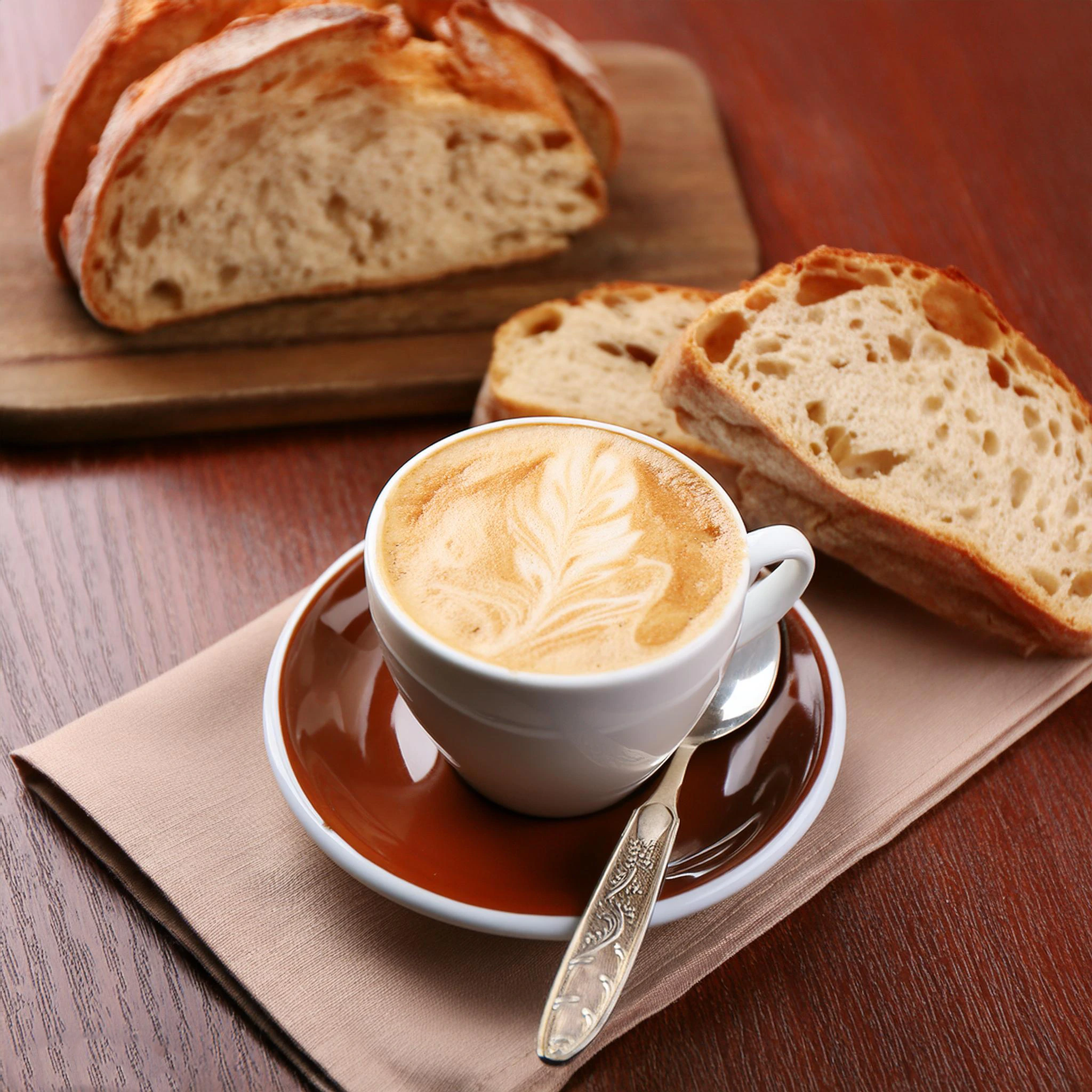 Flat white w filiżance z bązowym spodkiem idealnie się komponuję ze świeżym chlebem