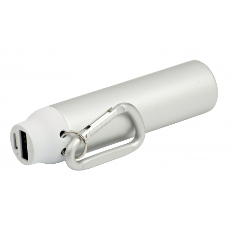 Nowoczesny POWER BANK z dużym metalowym karabińczykiem - biały