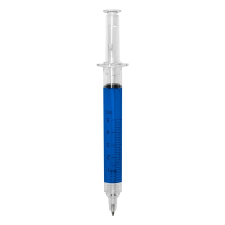 Długopis strzykawka z niebieskim płynem