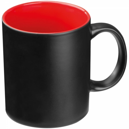 Czarny reklamowy kubek ceramiczny do graweru logo, 300 ml - czerwone wnętrze