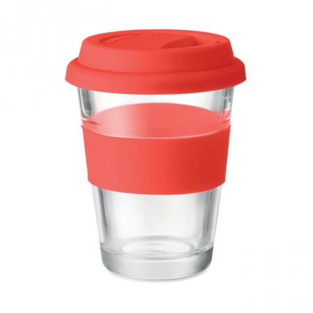 Szklany kubek z nadrukiem logo, 350 ml, czerwony kolor