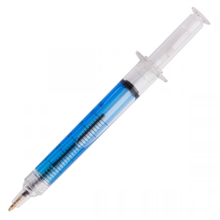 Długopis w kształcie strzykawki z nadrukiem logo, niebieski 