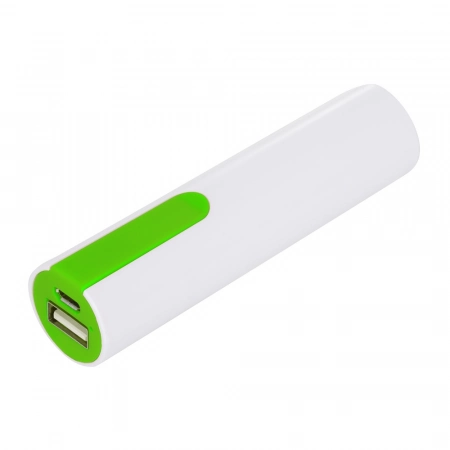 Biały Power bank reklamowy o pojemności 2200 mAh z zielonym kolorowym elementem