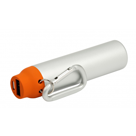 Nowoczesny POWER BANK z dużym metalowym karabińczykiem - pomarańczowy