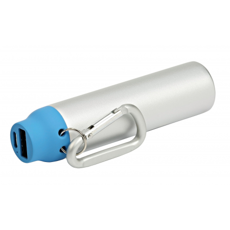 Nowoczesny POWER BANK z dużym metalowym karabińczykiem - niebieski