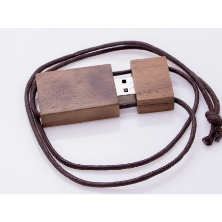 USB flash z rzemykiem w drewnianej obudowie - ciemny brąz 