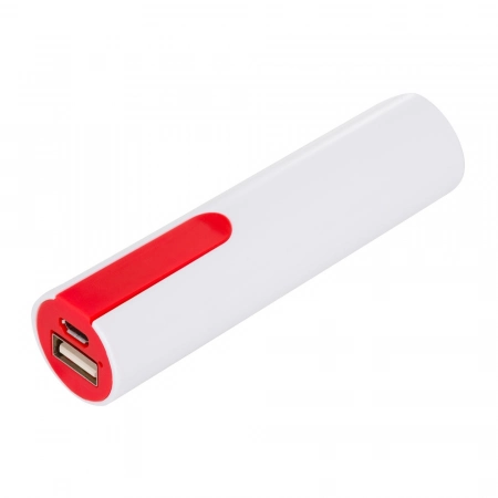 Biały Power bank reklamowy o pojemności 2200 mAh z czerwonym kolorowym elementem