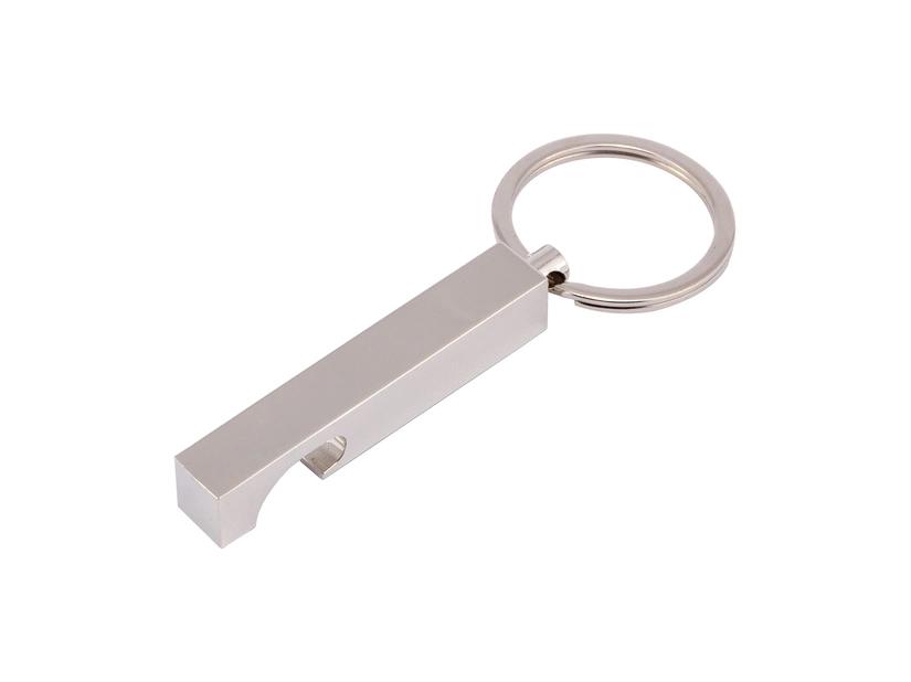 Srebrny metalowy brelok otwieracz Even z grawerem logo