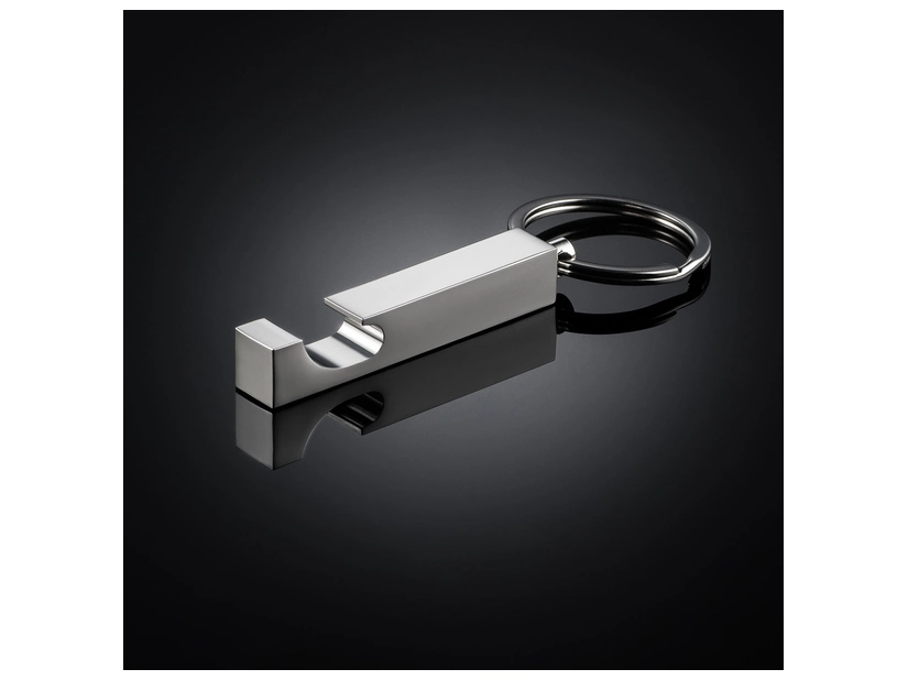 Srebrny metalowy brelok otwieracz Even z grawerem logo