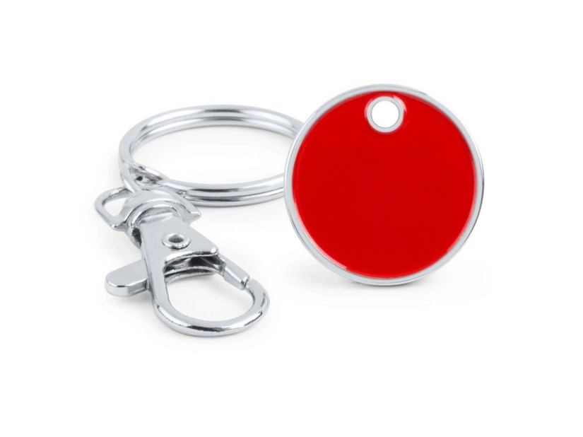Czerwony brelok do wózka z żetonem i logo firmy