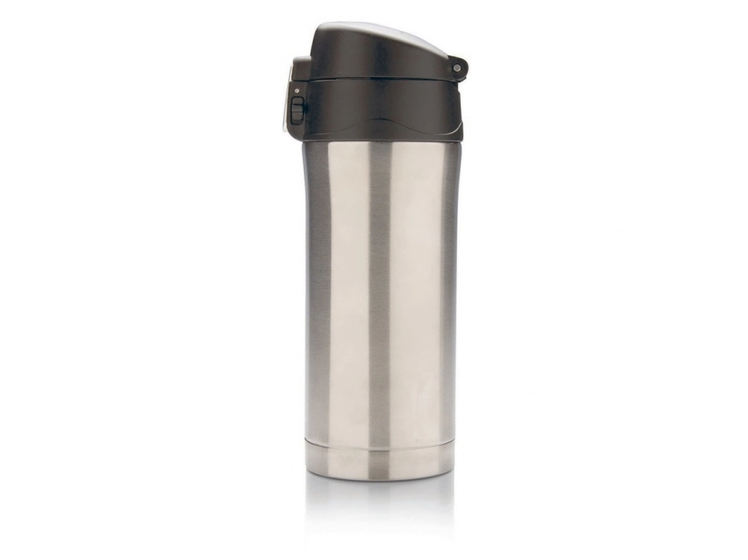 Srebrny kubek termiczny 300 ml z ustnikiem i logo firmy