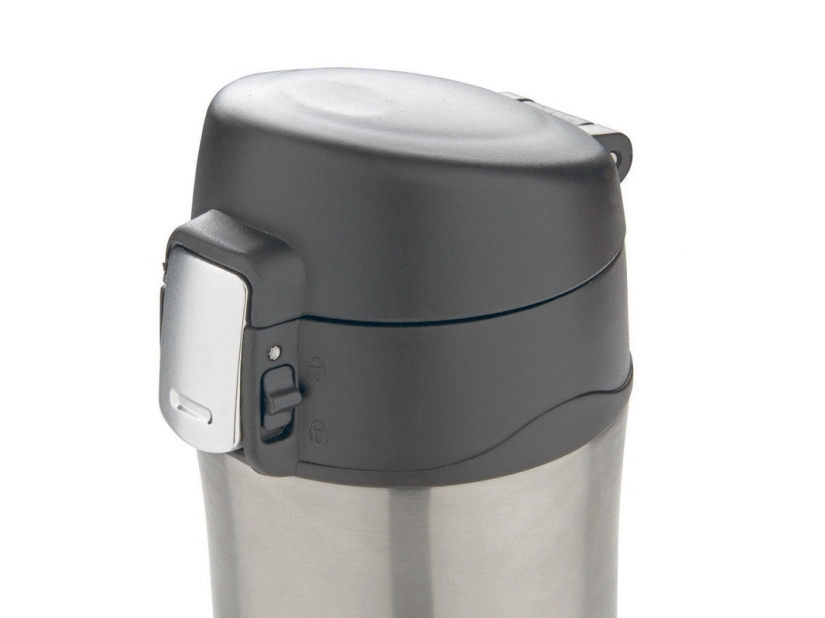 Srebrny kubek termiczny 300 ml z ustnikiem i logo firmy