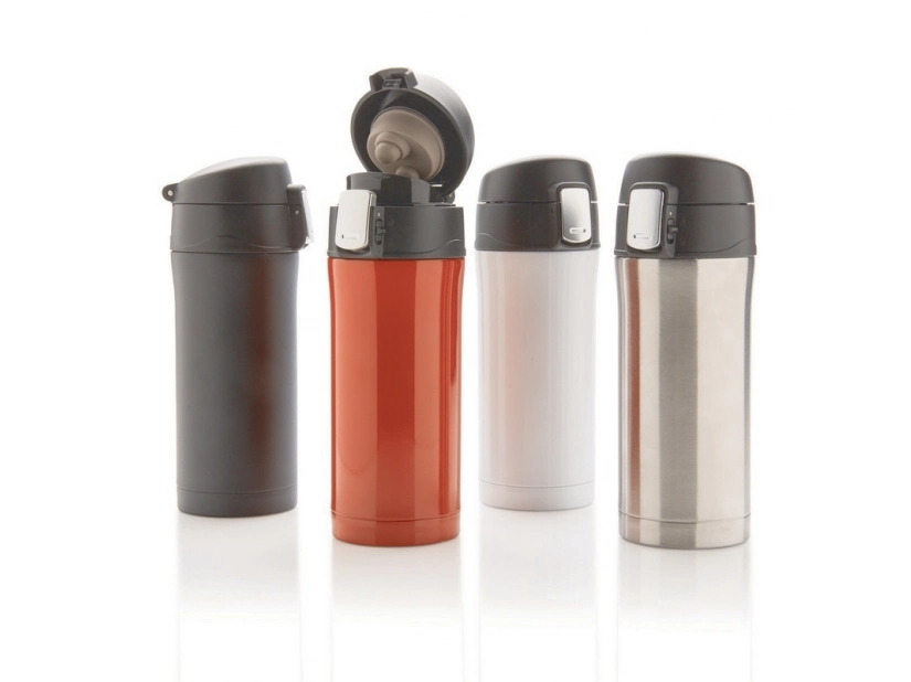 Srebrny kubek termiczny 300 ml z ustnikiem i logo firmy