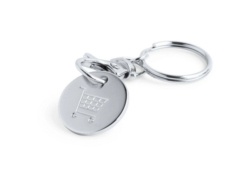 Żółty metalowy brelok z żetonem do wózka z logo firmy