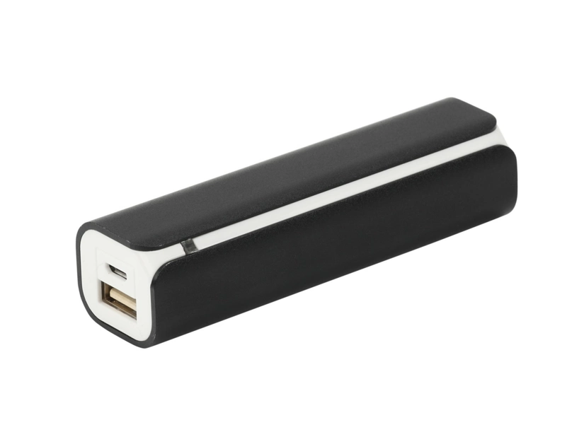 Czarny powerbank metalowy z białymi bokami i grawerem logo