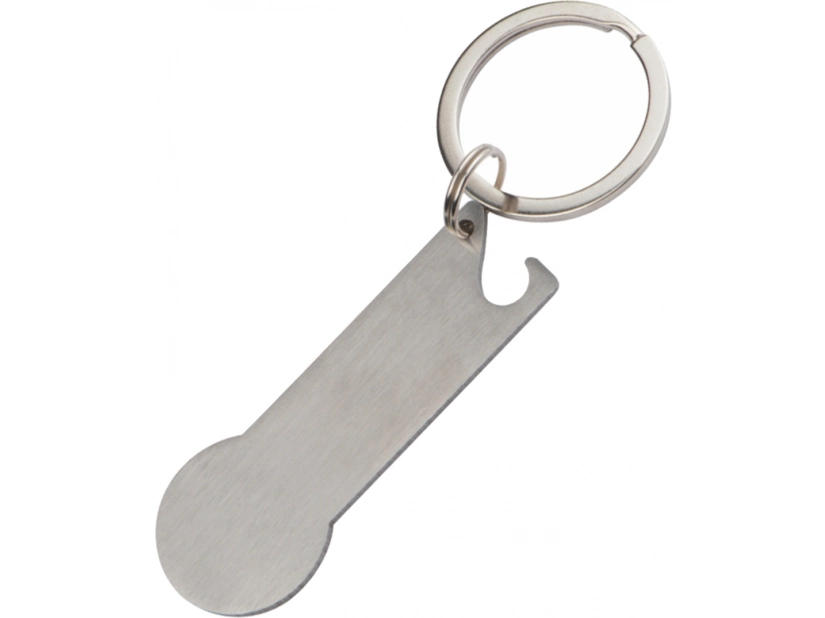 Szary metalowy brelok z żetonem i otwieraczem z logo